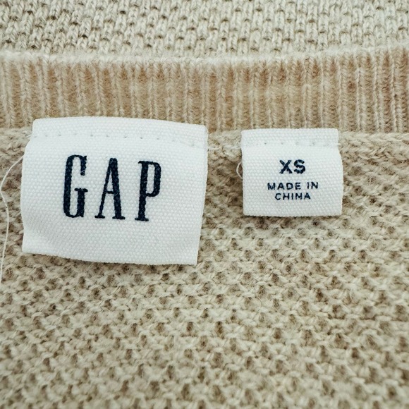GAP Champagne Oatmeal Waffle Textured Merino Wool Womens V Neck Sweater Sz XS - Picture 7 of 7